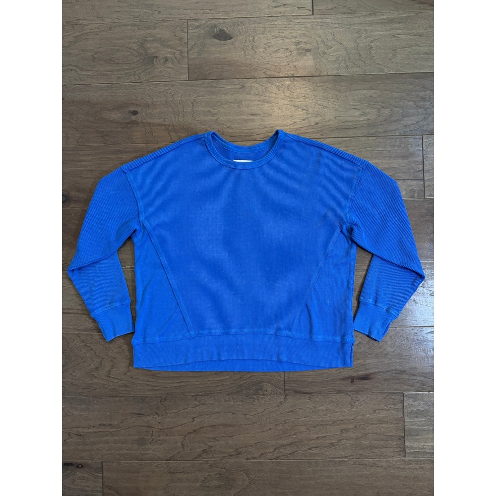 Seven7 Women Royal Blue Waffle Knit Thermal Long Sleeve Top XL Crewneck Relaxed